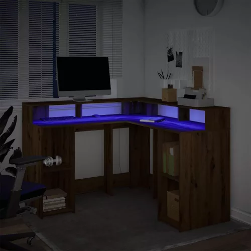 Kézműves tölgy színű szerelt fa LED-es íróasztal 130x130x91 cm
