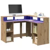 Kézműves tölgy színű szerelt fa LED-es íróasztal 130x130x91 cm