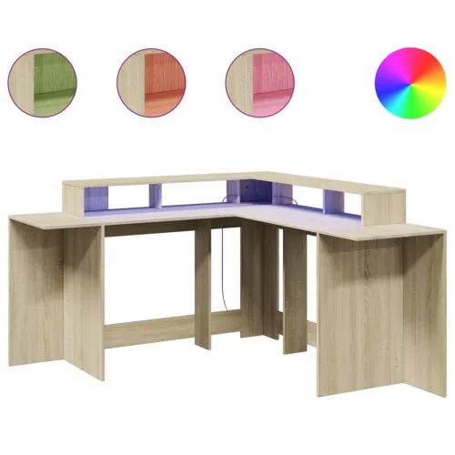 Sonoma tölgy színű szerelt fa íróasztal LED-ekkel 152x152x91 cm