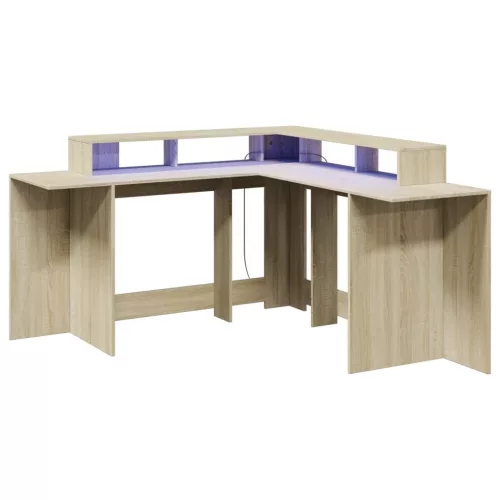 Sonoma tölgy színű szerelt fa íróasztal LED-ekkel 152x152x91 cm
