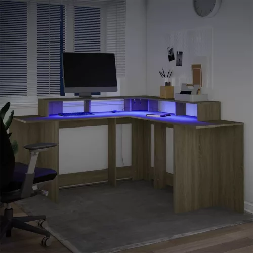 Sonoma tölgy színű szerelt fa íróasztal LED-ekkel 152x152x91 cm