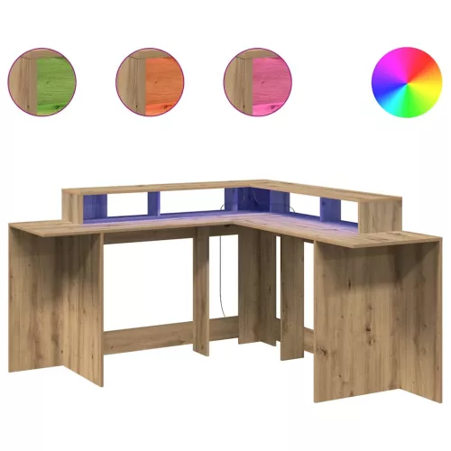 Kézműves tölgy színű szerelt fa LED-es íróasztal 152x152x91 cm