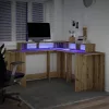 Kézműves tölgy színű szerelt fa LED-es íróasztal 152x152x91 cm