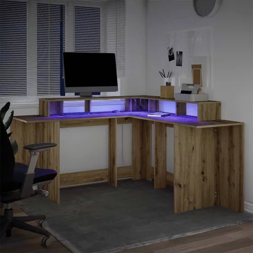 Kézműves tölgy színű szerelt fa LED-es íróasztal 152x152x91 cm