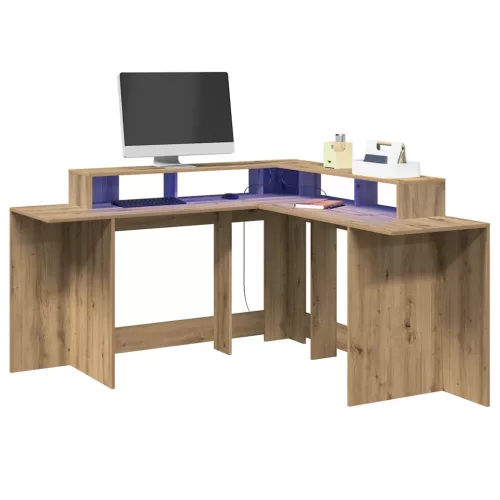 Kézműves tölgy színű szerelt fa LED-es íróasztal 152x152x91 cm