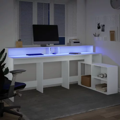 Fehér szerelt fa íróasztal LED-világítással 200 x 104 x 91 cm