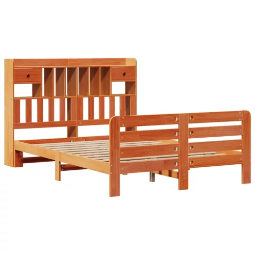 Barna tömör fenyőfa könyvespolcos ágy matrac nélkül 140 x 190cm