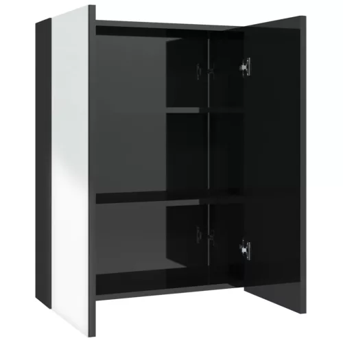 Fényes fekete MDF tükrös fürdőszobaszekrény 60 x 15 x 75 cm