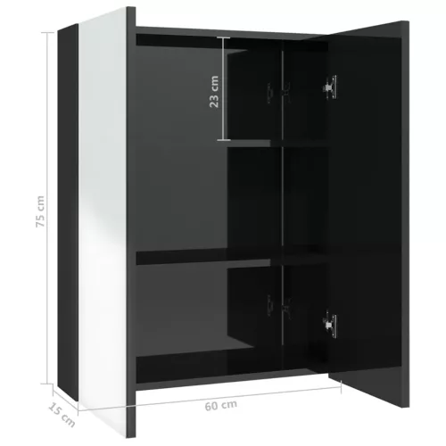 Fényes fekete MDF tükrös fürdőszobaszekrény 60 x 15 x 75 cm