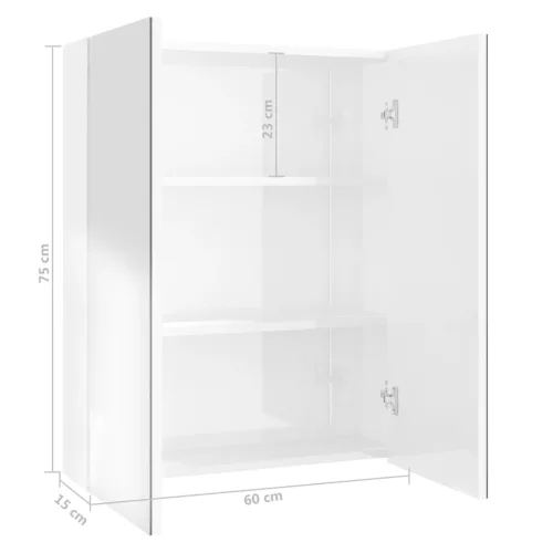 Fényes fehér MDF tükrös fürdőszobaszekrény 60 x 15 x 75 cm