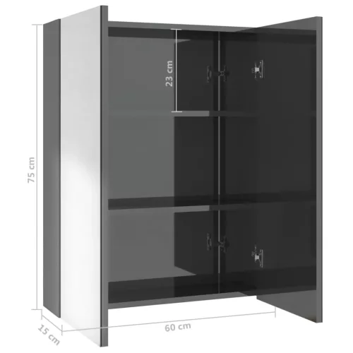 Fényes szürke MDF tükrös fürdőszobaszekrény 60 x 15 x 75 cm