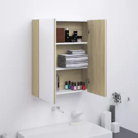   Fehér és tölgy MDF tükrös fürdőszobaszekrény 60 x 15 x 75 cm