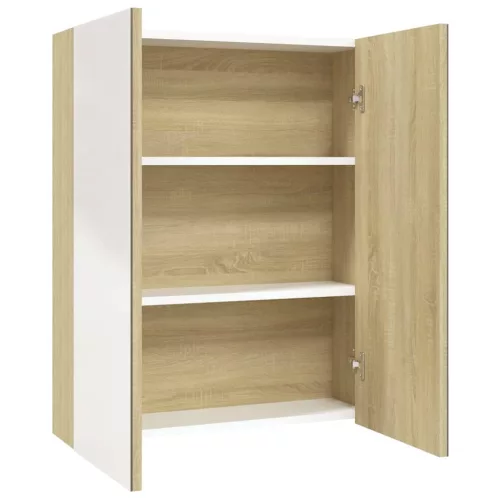 Fehér és tölgy MDF tükrös fürdőszobaszekrény 60 x 15 x 75 cm