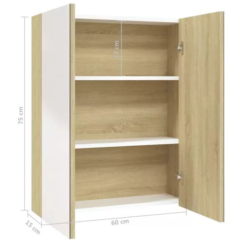 Fehér és tölgy MDF tükrös fürdőszobaszekrény 60 x 15 x 75 cm