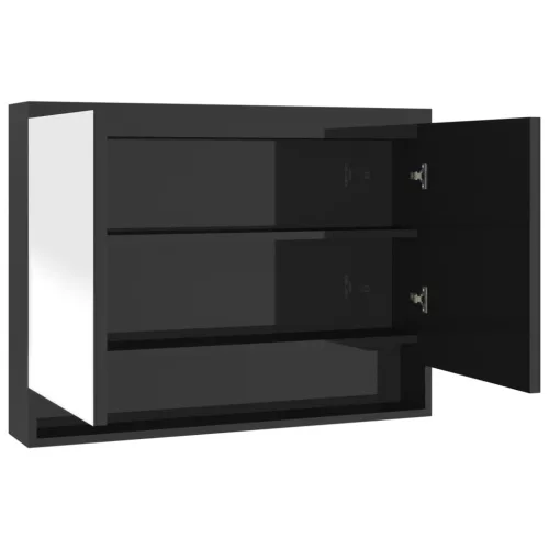 Fényes fekete MDF tükrös fürdőszobaszekrény 80 x 15 x 60 cm
