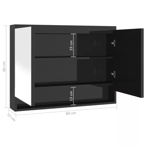 Fényes fekete MDF tükrös fürdőszobaszekrény 80 x 15 x 60 cm