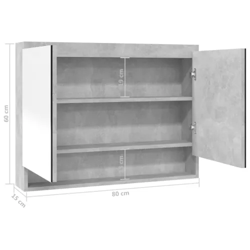 Betonszürke MDF tükrös fürdőszobaszekrény 80 x 15 x 60 cm