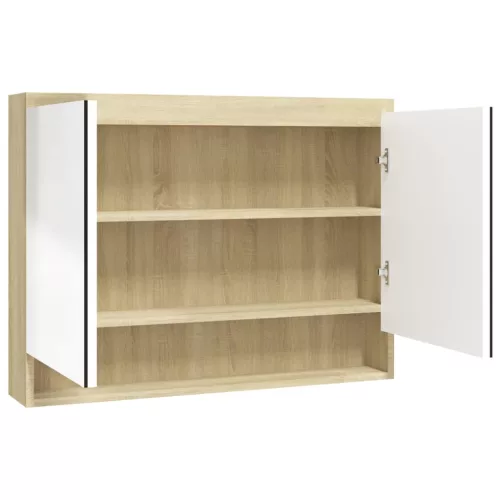 Fényes és tölgy MDF tükrös fürdőszobaszekrény 80 x 15 x 60 cm