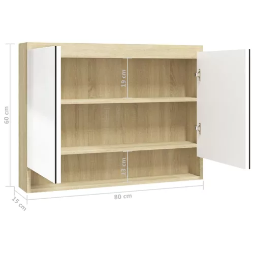 Fényes és tölgy MDF tükrös fürdőszobaszekrény 80 x 15 x 60 cm