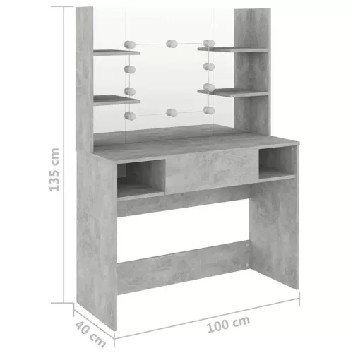 Betonszürke LED-es MDF sminkasztal 100 x 40 x 135 cm