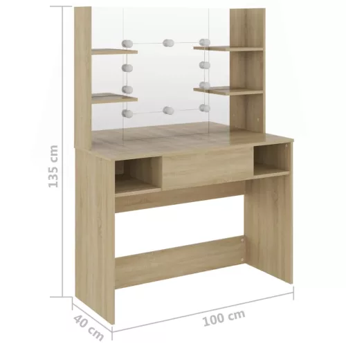 Tölgyszínű LED-es MDF sminkasztal 100 x 40 x 135 cm