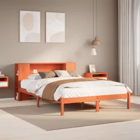   Barna tömör fenyőfa könyvespolcos ágy matrac nélkül 135 x 190cm