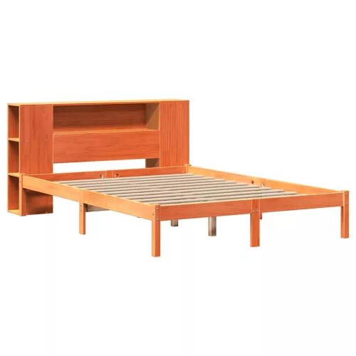 Barna tömör fenyőfa könyvespolcos ágy matrac nélkül 140 x 200cm