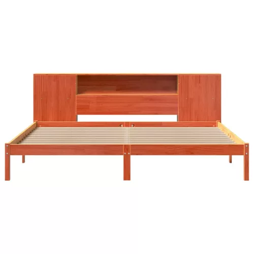 Barna tömör fenyőfa könyvespolcos ágy matrac nélkül 200 x 200cm