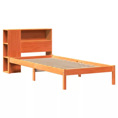 Barna tömör fenyőfa könyvespolcos ágy matrac nélkül 100 x 200cm
