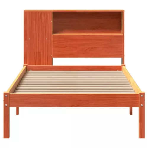 Barna tömör fenyőfa könyvespolcos ágy matrac nélkül 100 x 200cm