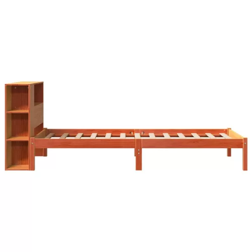 Barna tömör fenyőfa könyvespolcos ágy matrac nélkül 100 x 200cm
