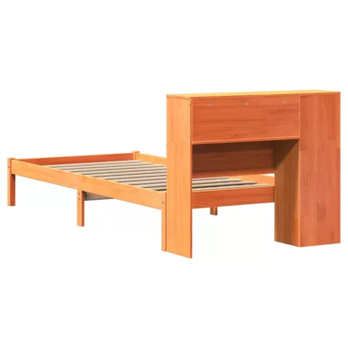 Barna tömör fenyőfa könyvespolcos ágy matrac nélkül 100 x 200cm