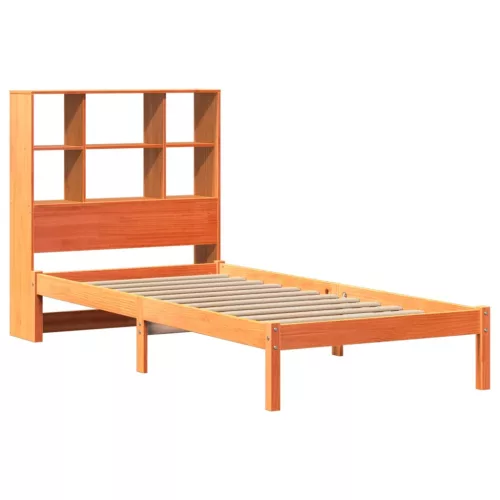 Barna tömör fenyőfa könyvespolcos ágy matrac nélkül 75 x 190 cm