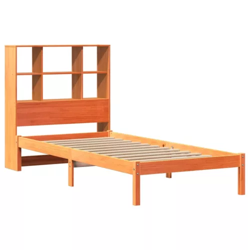Barna tömör fenyőfa könyvespolcos ágy matrac nélkül 100 x 200cm
