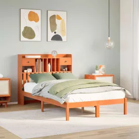   Barna tömör fenyőfa könyvespolcos ágy matrac nélkül 135 x 190cm