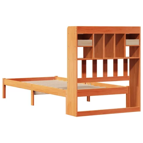 Barna tömör fenyőfa könyvespolcos ágy matrac nélkül 100 x 200cm
