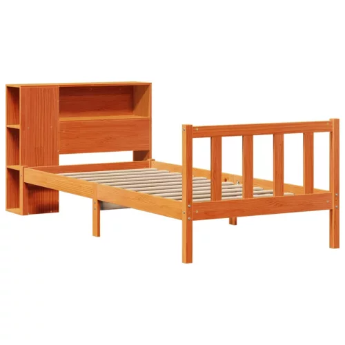 Barna tömör fenyőfa könyvespolcos ágy matrac nélkül 100 x 200cm