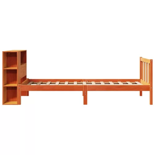 Barna tömör fenyőfa könyvespolcos ágy matrac nélkül 100 x 200cm
