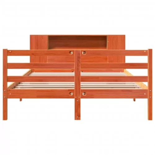 Barna tömör fenyőfa könyvespolcos ágy matrac nélkül 150 x 200cm