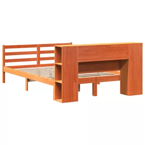 Barna tömör fenyőfa könyvespolcos ágy matrac nélkül 150 x 200cm