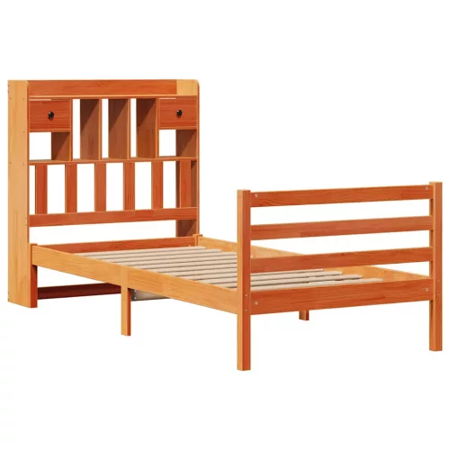 Barna tömör fenyőfa könyvespolcos ágy matrac nélkül 75 x 190 cm