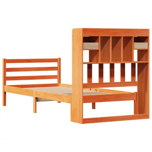 Barna tömör fenyőfa könyvespolcos ágy matrac nélkül 75 x 190 cm