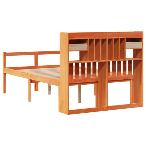 Barna tömör fenyőfa könyvespolcos ágy matrac nélkül 135 x 190cm