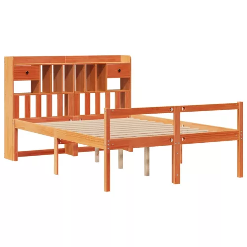 Barna tömör fenyőfa könyvespolcos ágy matrac nélkül 150 x 200cm