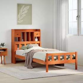   Barna tömör fenyőfa könyvespolcos ágy matrac nélkül 75 x 190 cm