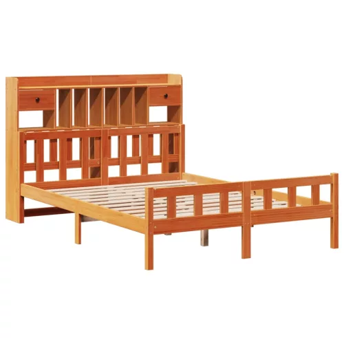 Barna tömör fenyőfa könyvespolcos ágy matrac nélkül 150 x 200cm