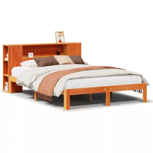 Barna tömör fenyőfa könyvespolcos ágy matrac nélkül 135 x 190cm