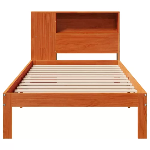 Barna tömör fenyőfa könyvespolcos ágy matrac nélkül 100 x 200cm