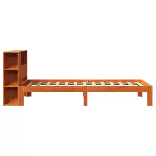 Barna tömör fenyőfa könyvespolcos ágy matrac nélkül 100 x 200cm