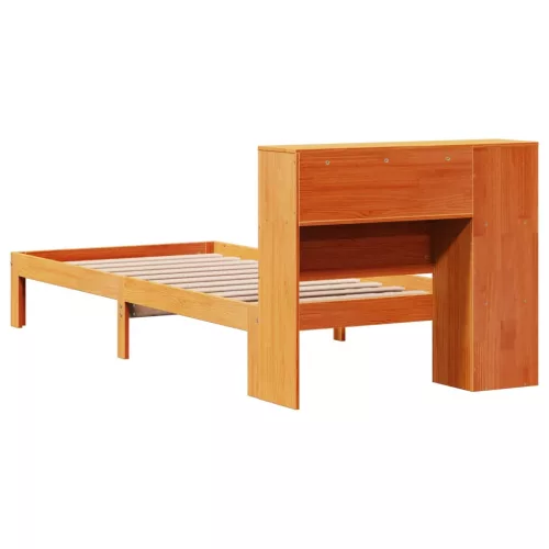 Barna tömör fenyőfa könyvespolcos ágy matrac nélkül 100 x 200cm